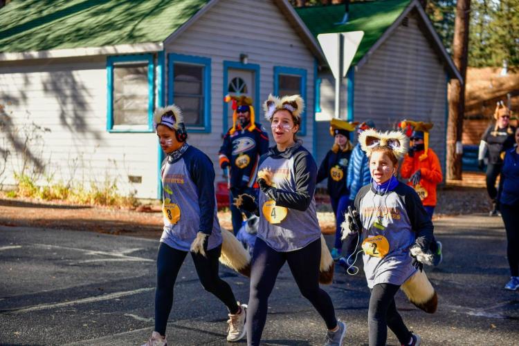 A group of three girls taking part in the Thanksgiving Turkey Trot, they are wearing face paint while dressed as Fennec foxes