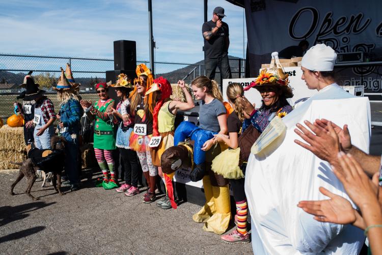 A medium size group posing for the Thanksgiving Turkey Trot, all wearing their own costumes from turkeys to scarecrows.